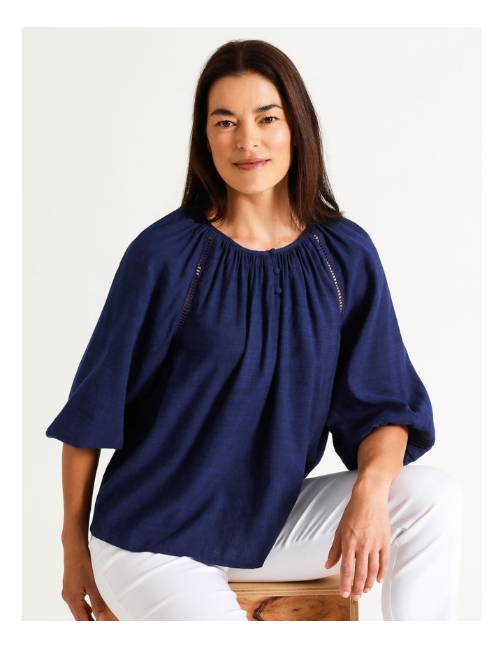 Gathered 3/4 Sleeve Top With Ladder Lace Trim