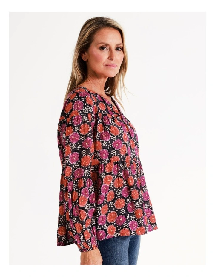 Organic Cotton Blend Tiered V Neck Long Sleeve Top in Black/Boisenberry Floral image 1
