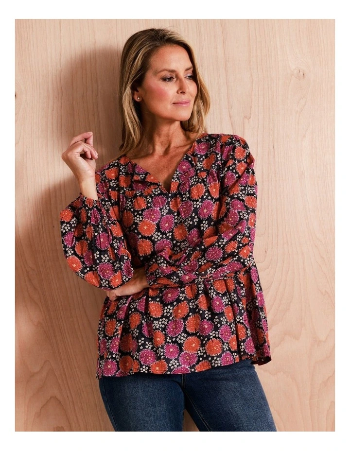 Organic Cotton Blend Tiered V Neck Long Sleeve Top in Black/Boisenberry Floral image 2