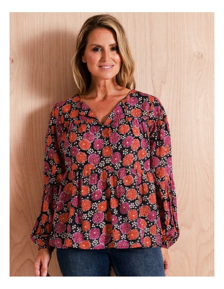 Organic Cotton Blend Tiered V Neck Long Sleeve Top in Black/Boisenberry Floral image 3