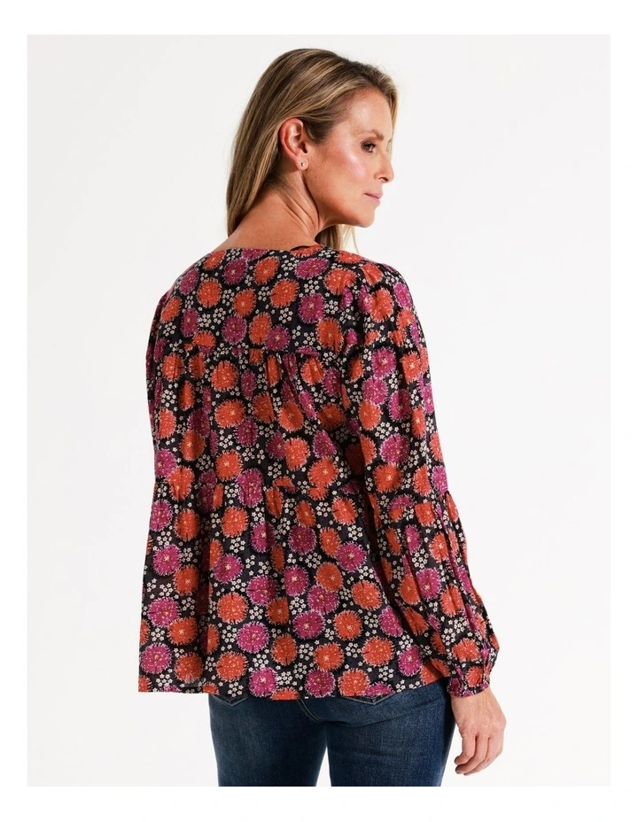 Organic Cotton Blend Tiered V Neck Long Sleeve Top in Black/Boisenberry Floral image 5