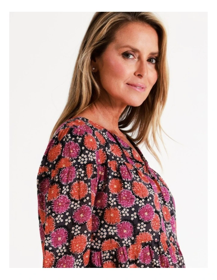 Organic Cotton Blend Tiered V Neck Long Sleeve Top in Black/Boisenberry Floral image 6