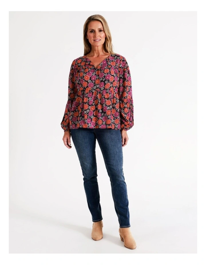 Organic Cotton Blend Tiered V Neck Long Sleeve Top in Black/Boisenberry Floral image 7