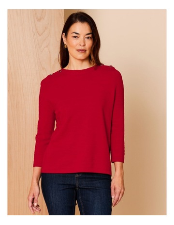 3/4 Sleeve Boatneck Jumper With Button Shoulders in Ruby