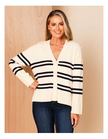 V Neck Button Front Cardigan in Ivory/Navy Stripe