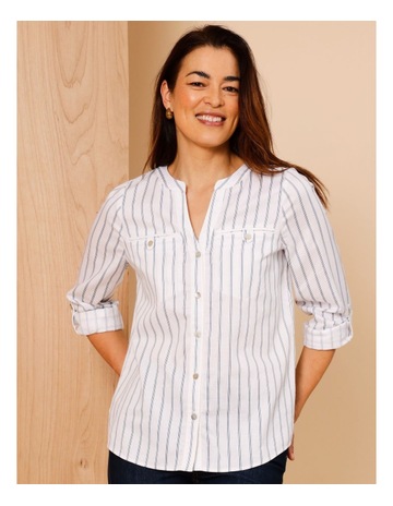 Organic Cotton Blend Collarless Shirt With Welt Pockets In Navy/Ivory Stripe