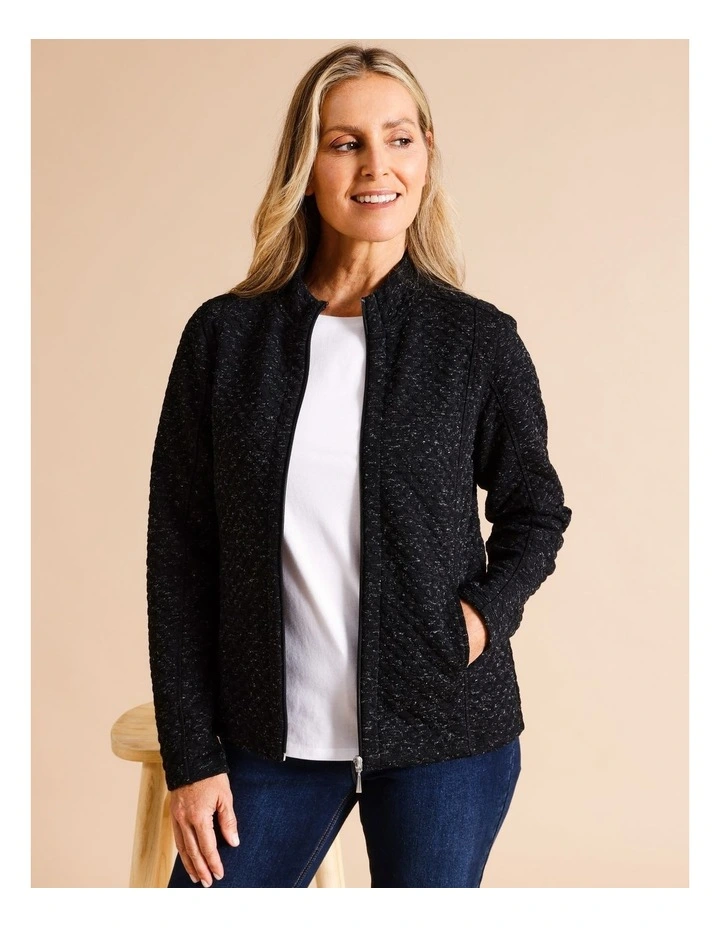 Recycled Polyester Blend Zip Thru Spot Jacquard Sweat Top in Black image 1