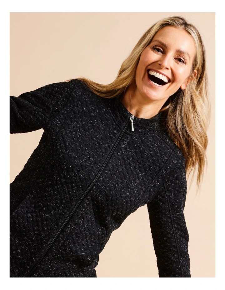 Recycled Polyester Blend Zip Thru Spot Jacquard Sweat Top in Black image 3