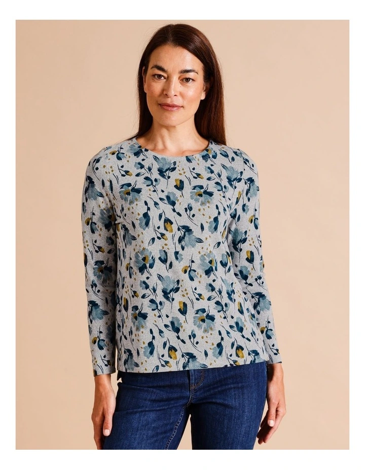Recycled With Care Long Sleeve Soft Touch Tee With Side Splits In Greymarle/ Blues Dahlia Print image 1