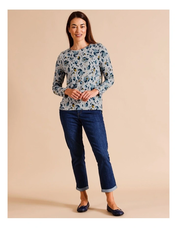 Recycled With Care Long Sleeve Soft Touch Tee With Side Splits In Greymarle/ Blues Dahlia Print image 2