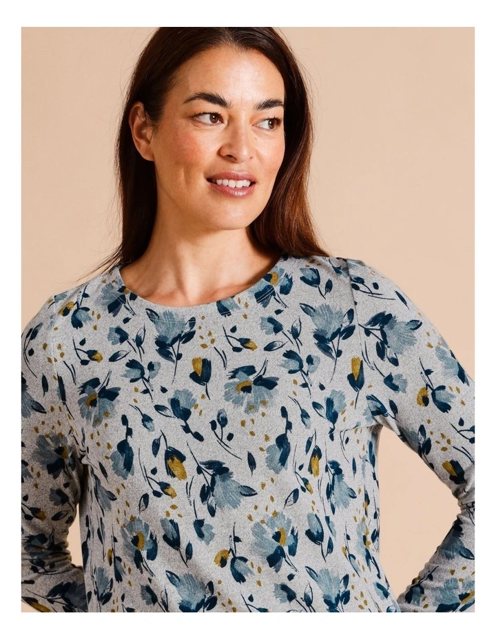 Recycled With Care Long Sleeve Soft Touch Tee With Side Splits In Greymarle/ Blues Dahlia Print image 3