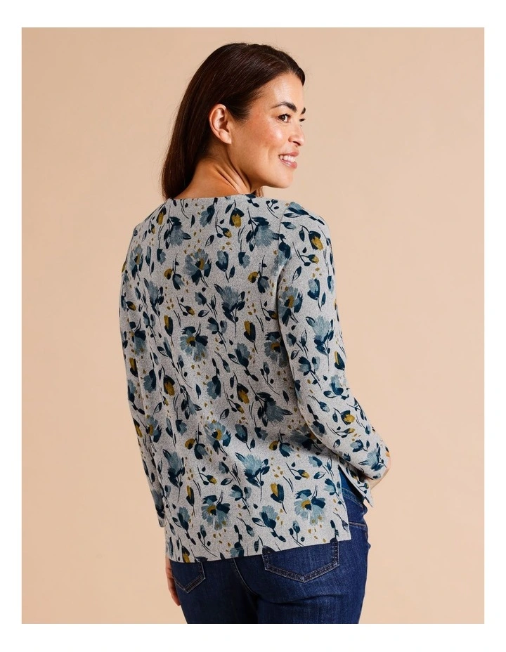 Recycled With Care Long Sleeve Soft Touch Tee With Side Splits In Greymarle/ Blues Dahlia Print image 4