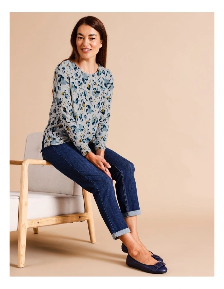 Recycled With Care Long Sleeve Soft Touch Tee With Side Splits In Greymarle/ Blues Dahlia Print image 5