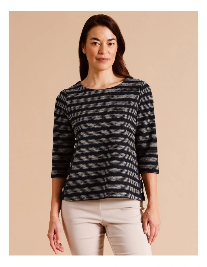 Organic Cotton 3/4 Sleeve Tee With Contrast Button Tab At Side Seams In Navy/ivory image 1
