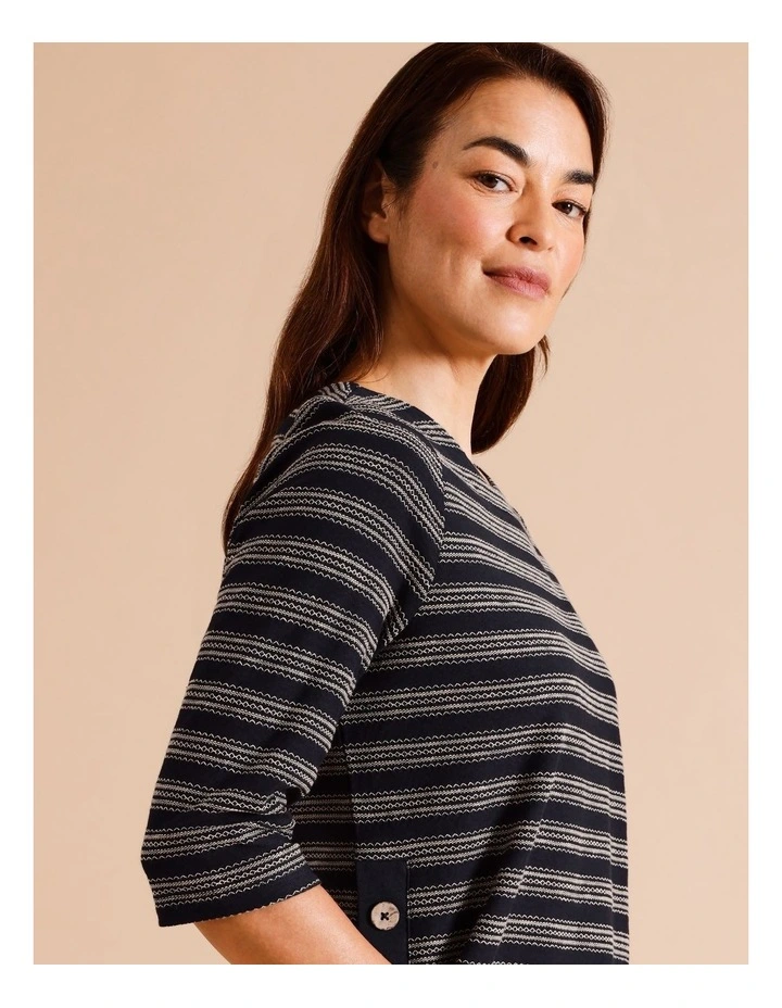 Organic Cotton 3/4 Sleeve Tee With Contrast Button Tab At Side Seams In Navy/ivory image 2