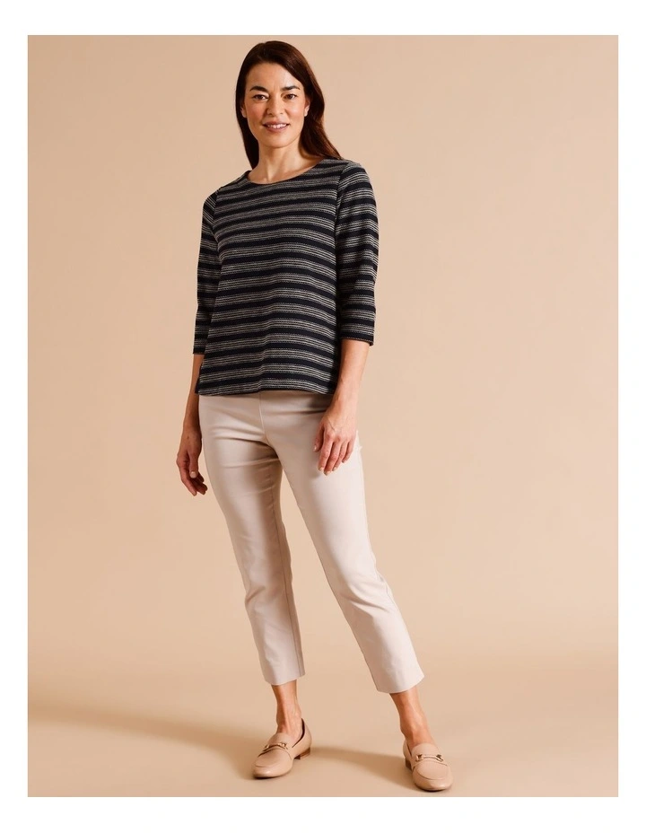 Organic Cotton 3/4 Sleeve Tee With Contrast Button Tab At Side Seams In Navy/ivory image 3