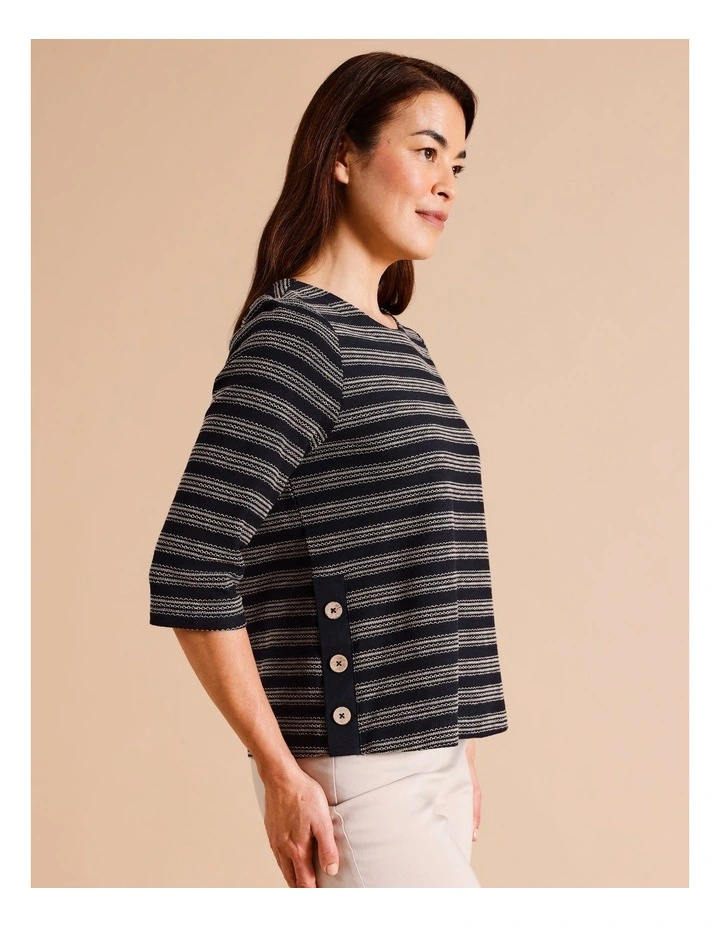 Organic Cotton 3/4 Sleeve Tee With Contrast Button Tab At Side Seams In Navy/ivory image 4