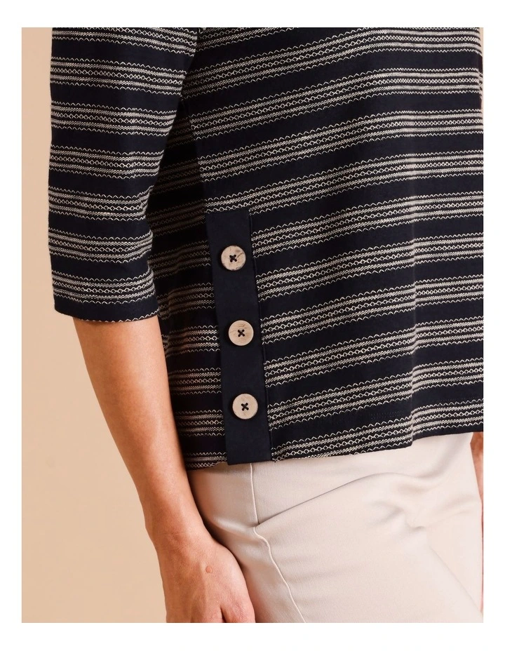Organic Cotton 3/4 Sleeve Tee With Contrast Button Tab At Side Seams In Navy/ivory image 5