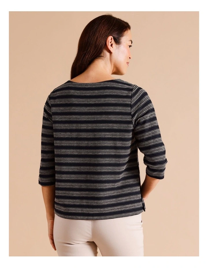 Organic Cotton 3/4 Sleeve Tee With Contrast Button Tab At Side Seams In Navy/ivory image 6