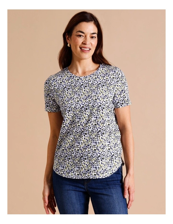 Organic Cotton Wardrobe Staple Short Sleeve Tee in Blue/Green Stem Leaf Print image 1