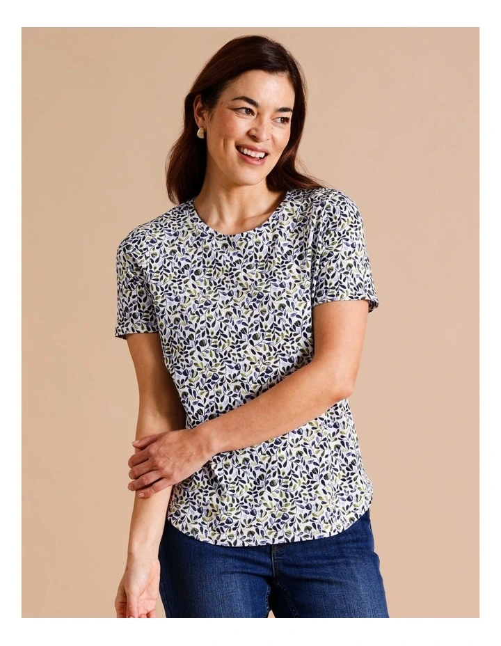 Organic Cotton Wardrobe Staple Short Sleeve Tee in Blue/Green Stem Leaf Print image 2
