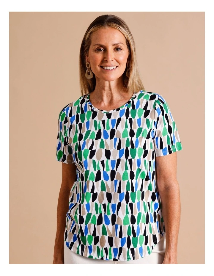 Organic Cotton Wardrobe Staple Short Sleeve Tee In Green/Blue/Beige Abstract Print image 1