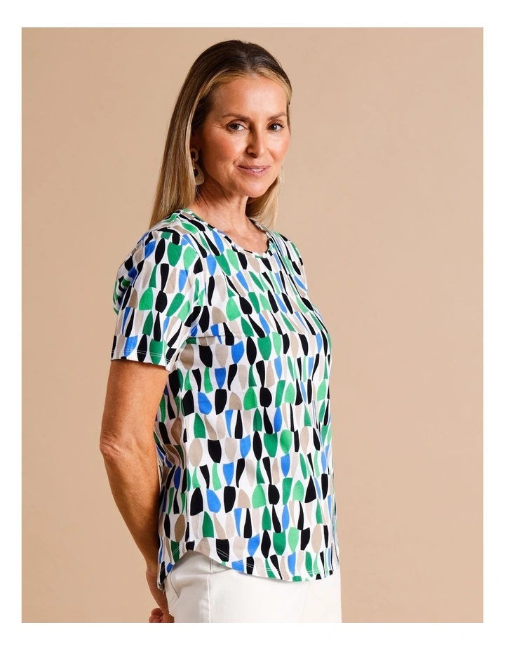 Organic Cotton Wardrobe Staple Short Sleeve Tee In Green/Blue/Beige Abstract Print image 5