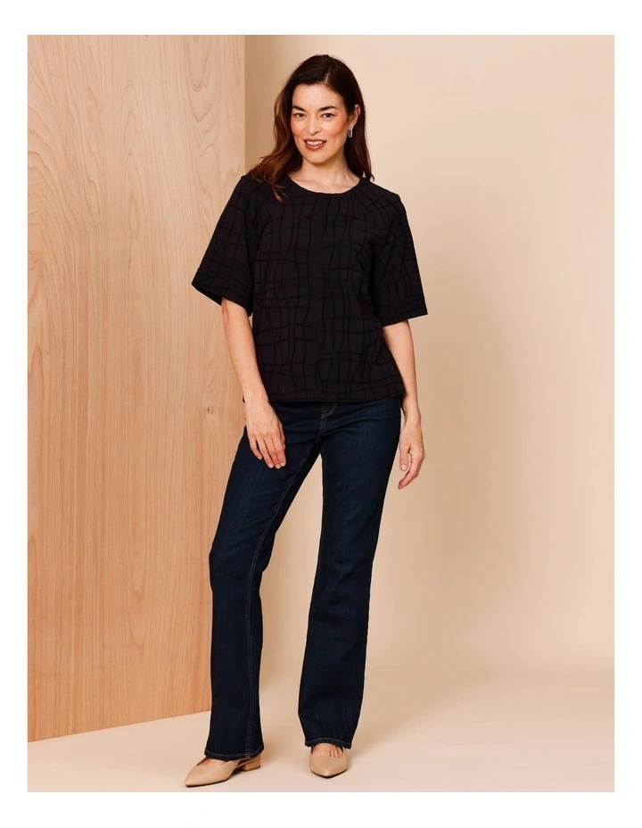 3/4 Sleeve Textured Woven Front/Knit Back Tee in Black image 4