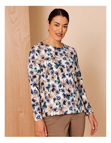 Long Sleeve Soft Touch Tee With Side Splits in Neutral/Mint/Navy Azalea Floral