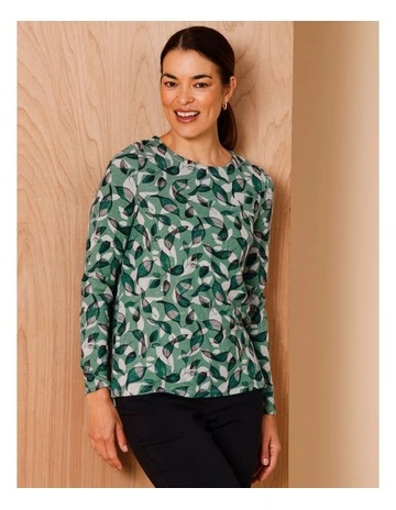 Long Sleeve Soft Touch Tee With Side Splits in Greens Leaf Print On Green Marle
