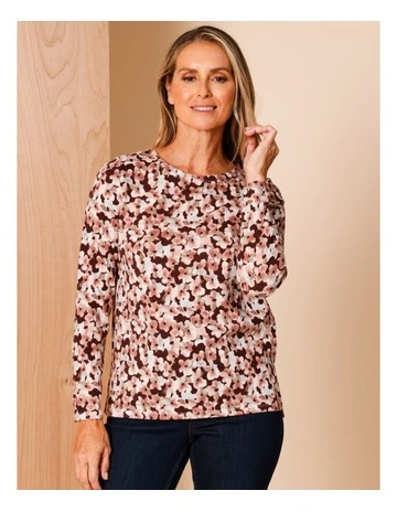 Recycled Polyester Long Sleeve Soft Touch Tee With Side Splits In Burgandy Ground Abstract Poppys
