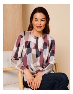 Recycled Polyester Long Sleeve Soft Touch Tee With Side Splits In Large Geo Navy/Camel/Burgandy/Oat