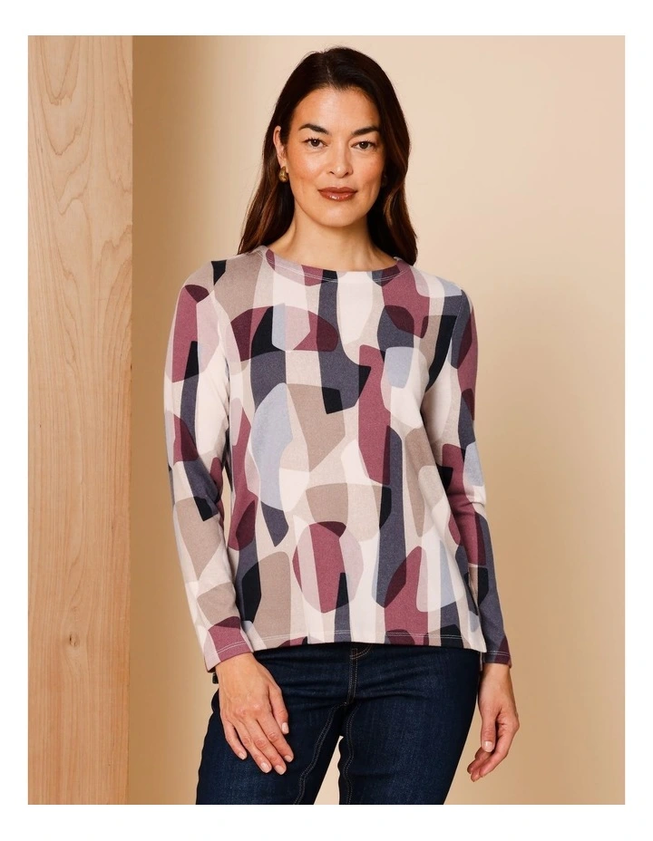 Recycled Polyester Long Sleeve Soft Touch Tee With Side Splits In Large Geo Navy/Camel/Burgandy/Oat image 2