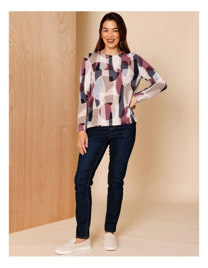 Recycled Polyester Long Sleeve Soft Touch Tee With Side Splits In Large Geo Navy/Camel/Burgandy/Oat image 3