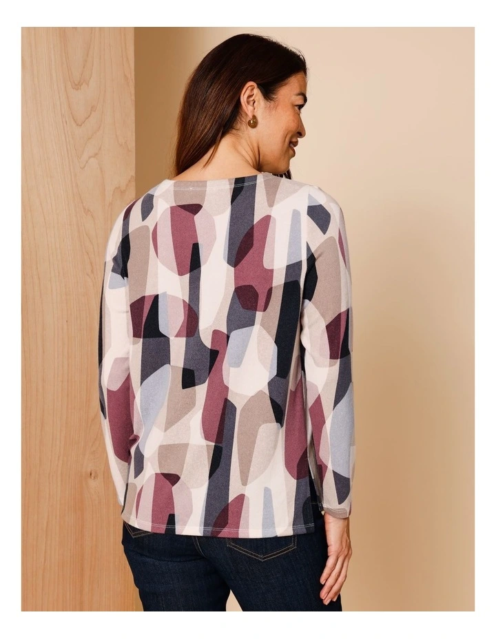 Recycled Polyester Long Sleeve Soft Touch Tee With Side Splits In Large Geo Navy/Camel/Burgandy/Oat image 5