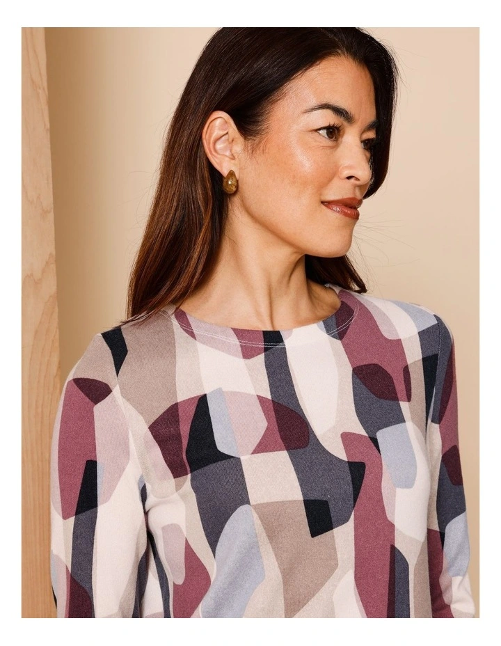 Recycled Polyester Long Sleeve Soft Touch Tee With Side Splits In Large Geo Navy/Camel/Burgandy/Oat image 6