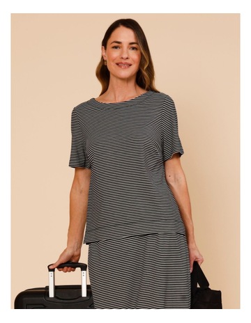 Short Sleeve Boat Neck Tee In Black/Ivory Stripe