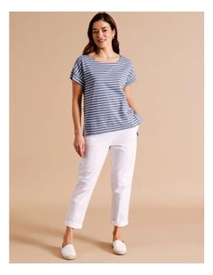 Organic Cotton Blend Elastic Waist Stretch Poplin Pant in White
