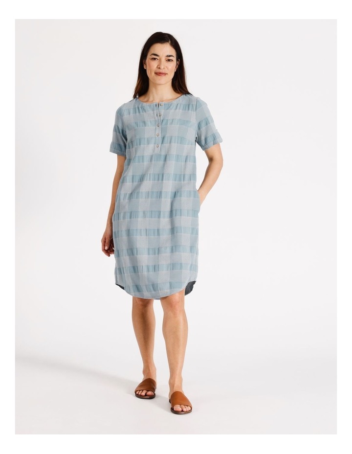 Organic Cotton Blend Short Sleeve Dress With Pockets And Front Placket Textured Check in Blue/Neutral/White Sky Blue