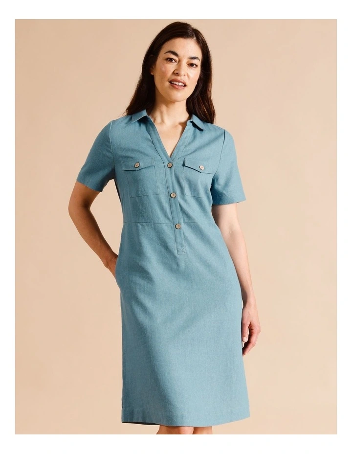 European Linen Blend Short Sleeve Shirt Dress in Blue/Green Texture image 2
