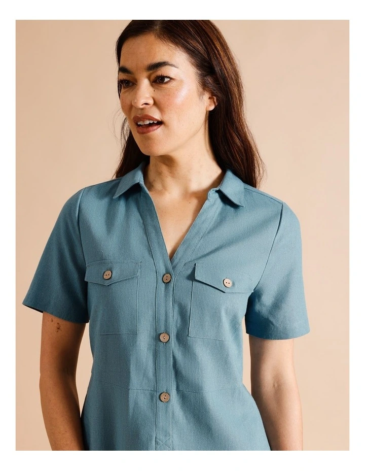 European Linen Blend Short Sleeve Shirt Dress in Blue/Green Texture image 3