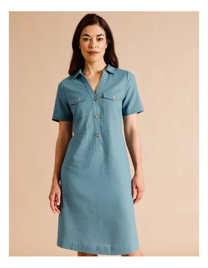 European Linen Blend Short Sleeve Shirt Dress in Blue/Green Texture image 4