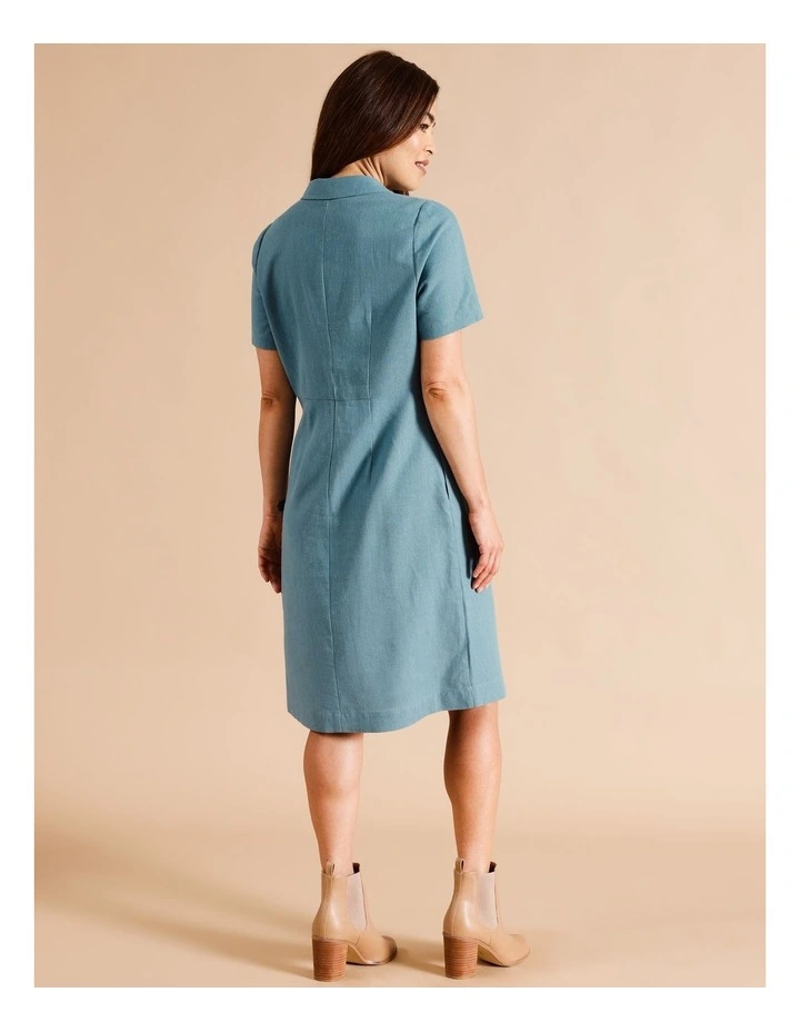 European Linen Blend Short Sleeve Shirt Dress in Blue/Green Texture image 5