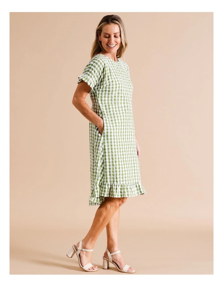 Organic Cotton Magyar Short Sleeve Dress With Pockets And Frills In Avocado/White Gingham image 1