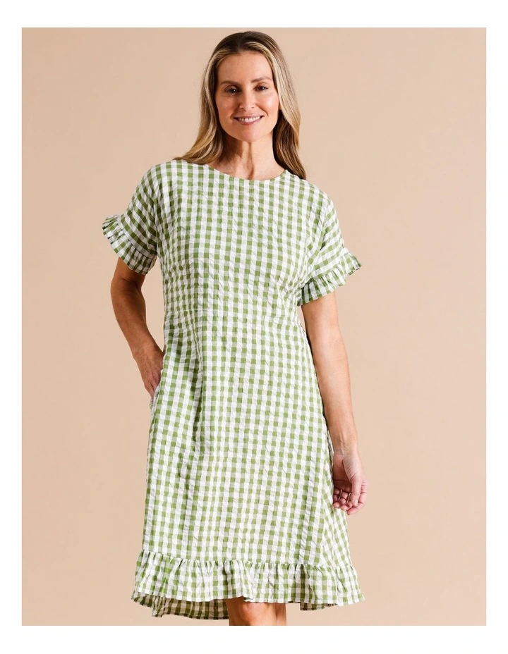 Organic Cotton Magyar Short Sleeve Dress With Pockets And Frills In Avocado/White Gingham image 2