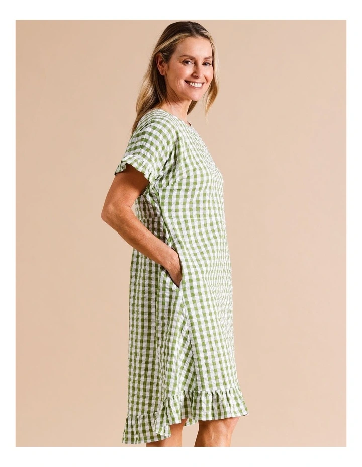 Organic Cotton Magyar Short Sleeve Dress With Pockets And Frills In Avocado/White Gingham image 3