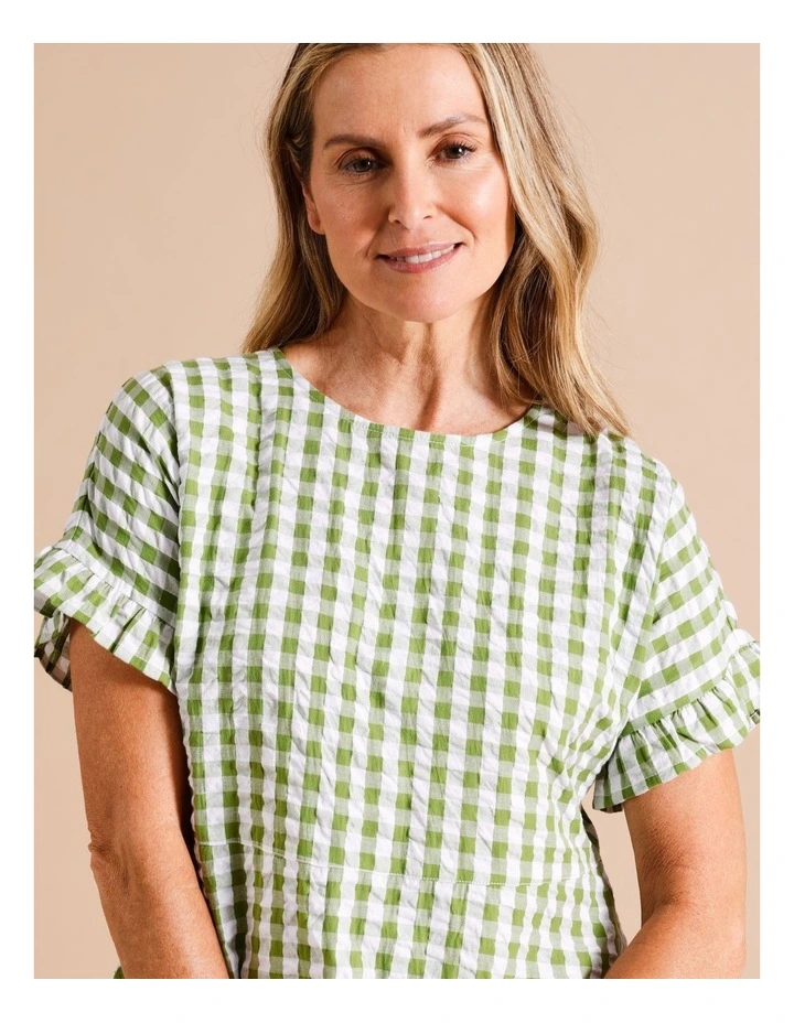 Organic Cotton Magyar Short Sleeve Dress With Pockets And Frills In Avocado/White Gingham image 4