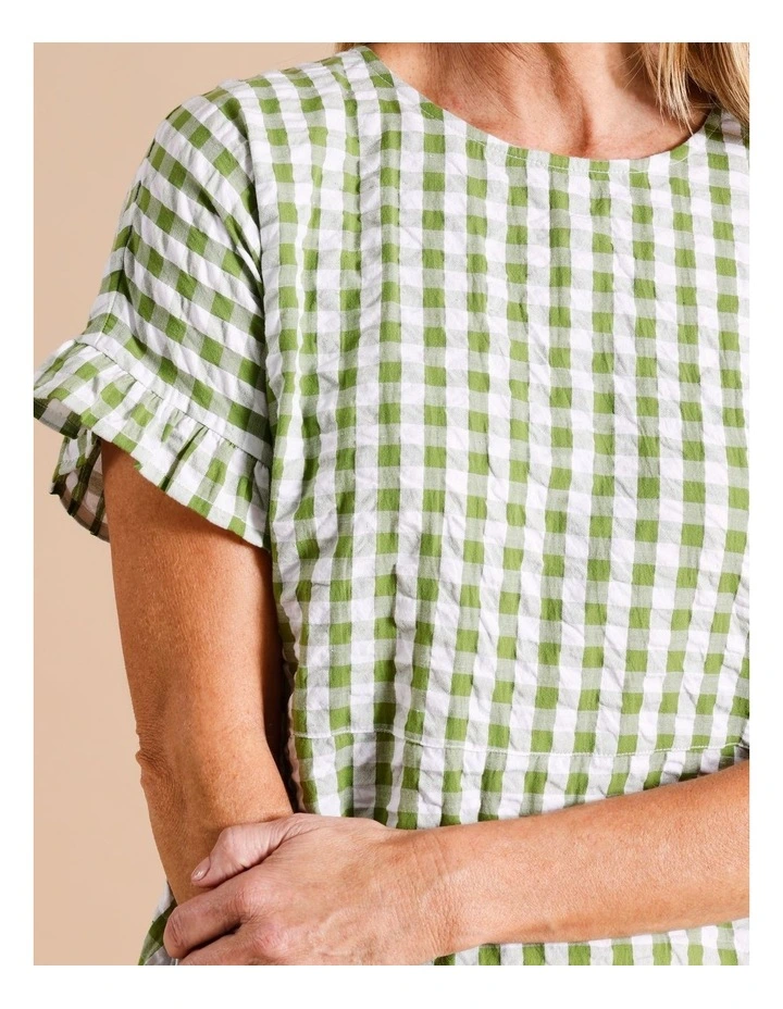 Organic Cotton Magyar Short Sleeve Dress With Pockets And Frills In Avocado/White Gingham image 5