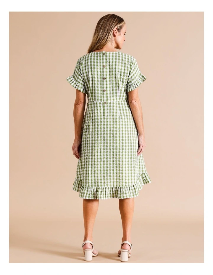 Organic Cotton Magyar Short Sleeve Dress With Pockets And Frills In Avocado/White Gingham image 6