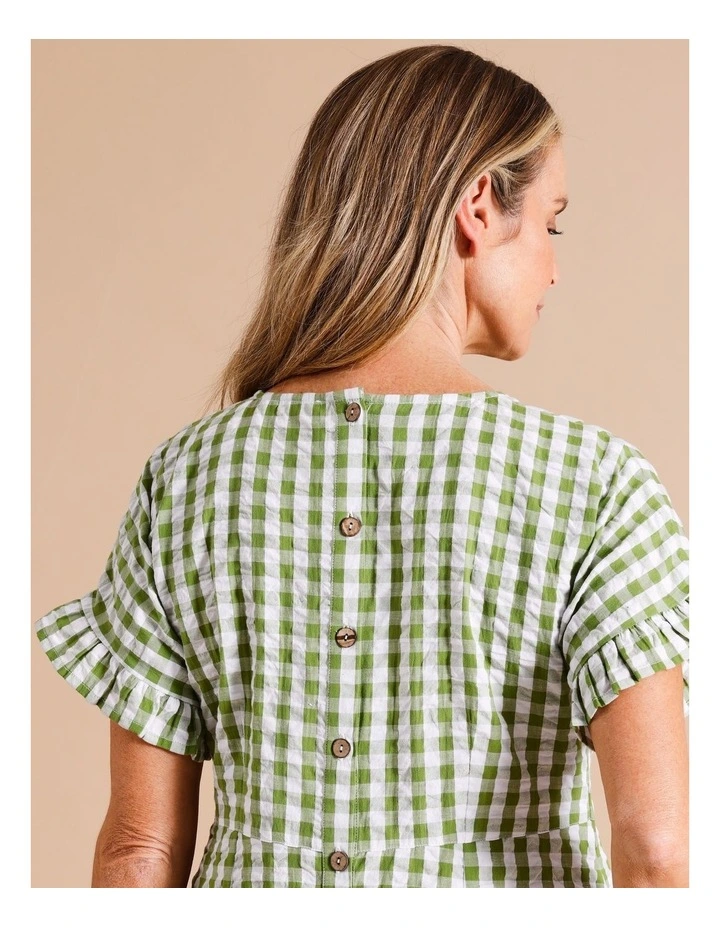 Organic Cotton Magyar Short Sleeve Dress With Pockets And Frills In Avocado/White Gingham image 7